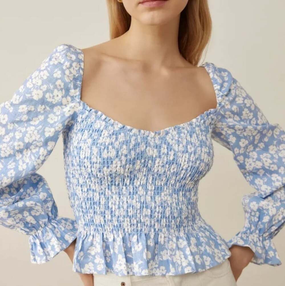 Reformation NWT Cambria Linen Top in Sofie Blue Floral Size Small